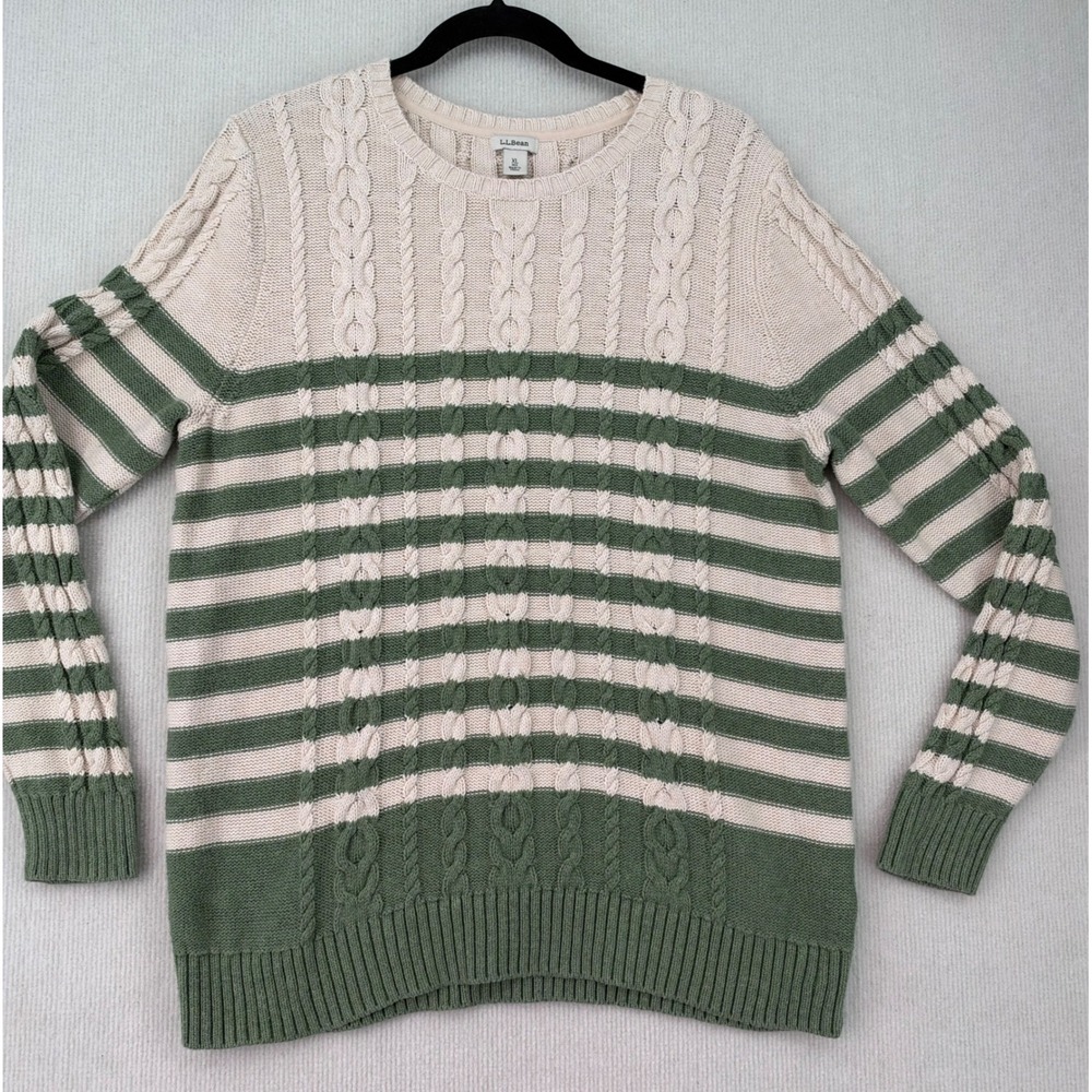 Vintage L.L.Bean Women's XL Cable Knit Sweater Green Cream Striped Cotton 0483